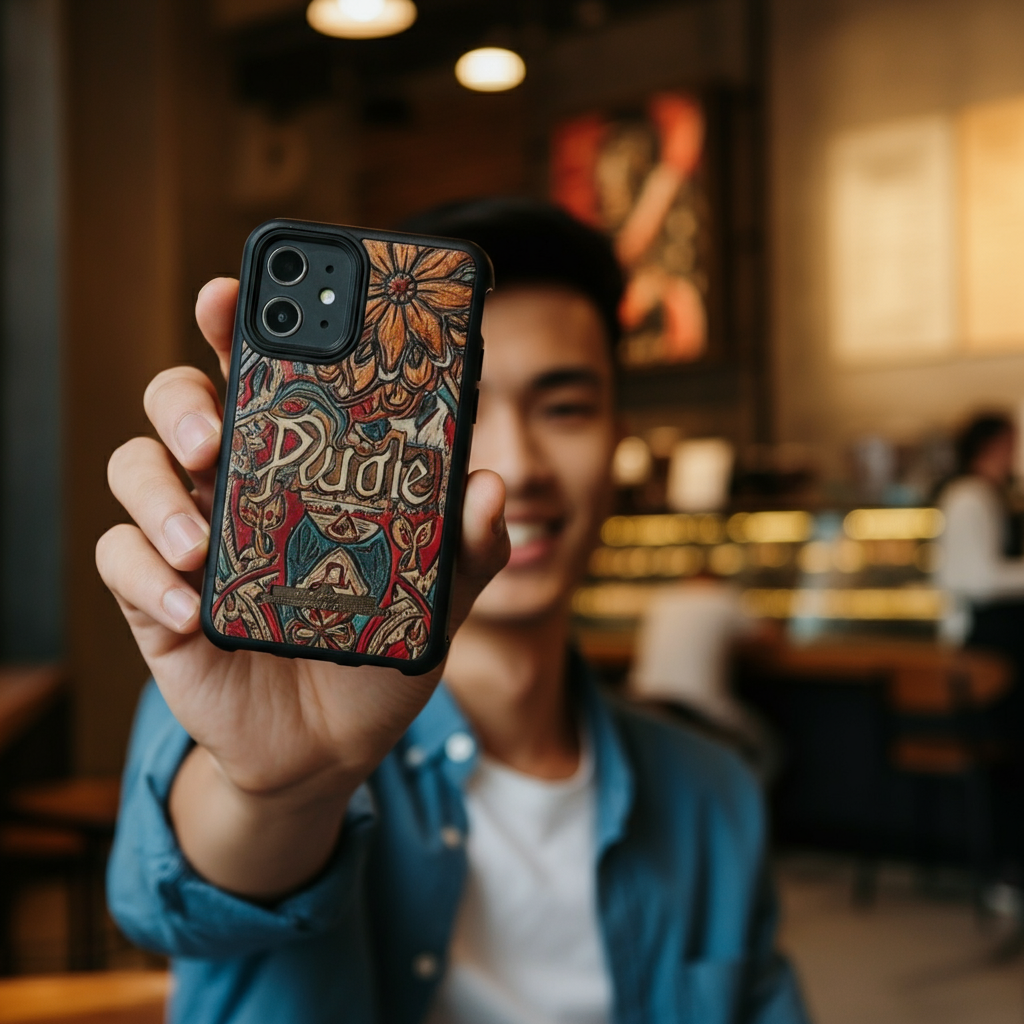 A young adult holding up a decorated iPod case, smiling genuinely. The background is a brightly lit, modern coffee shop with blurred patrons. The iPod case is the main subject, with a shallow depth of field.