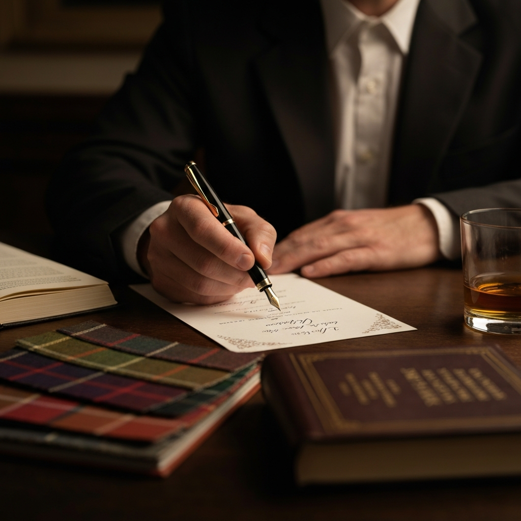 A warmly lit study. A hand holding a fountain pen poised over an elegant invitation, lying on a desk cluttered with tartan fabric swatches, a book of Burns poetry, and a partially full glass of whisky. Soft focus background.