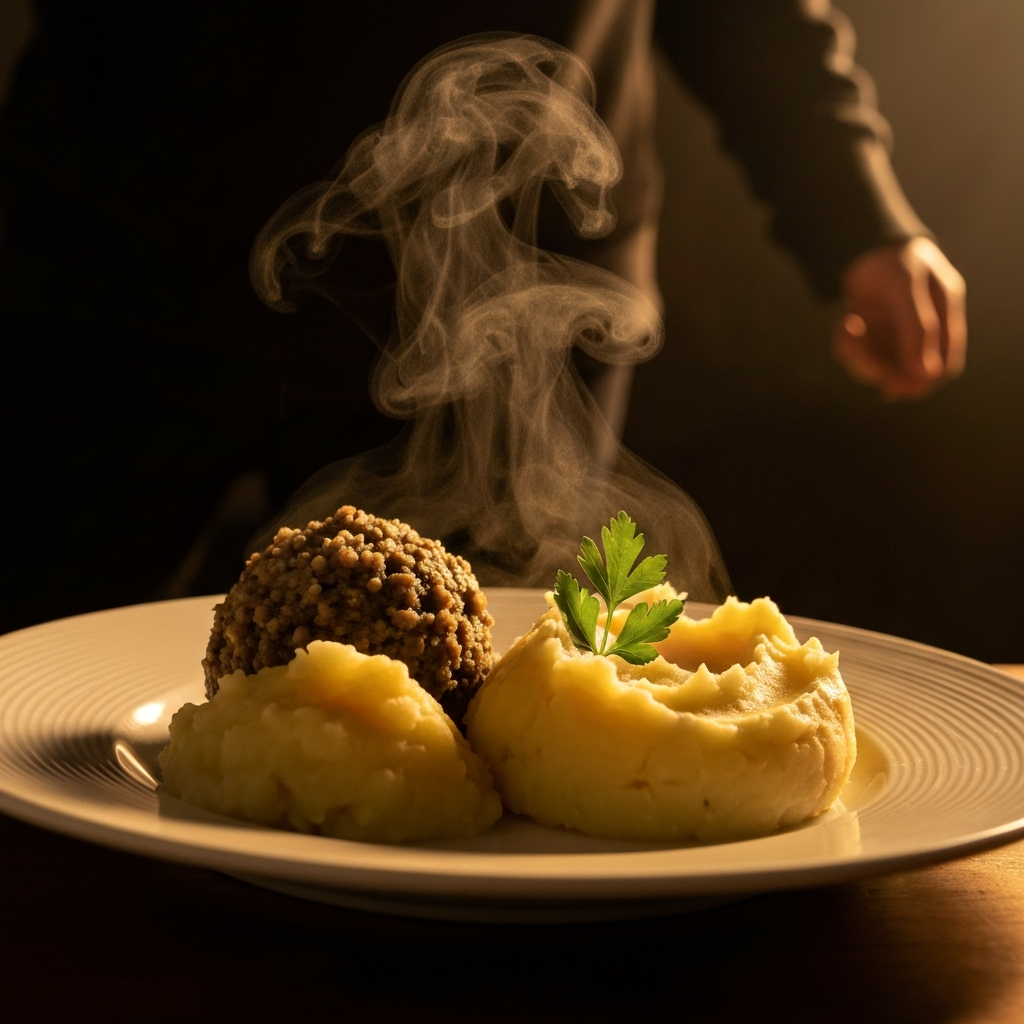 Close-up shot of a plate with haggis, neeps, and tatties. The haggis is steaming slightly, and the neeps and tatties are mashed. A sprig of parsley garnishes the dish. Warm, inviting lighting.