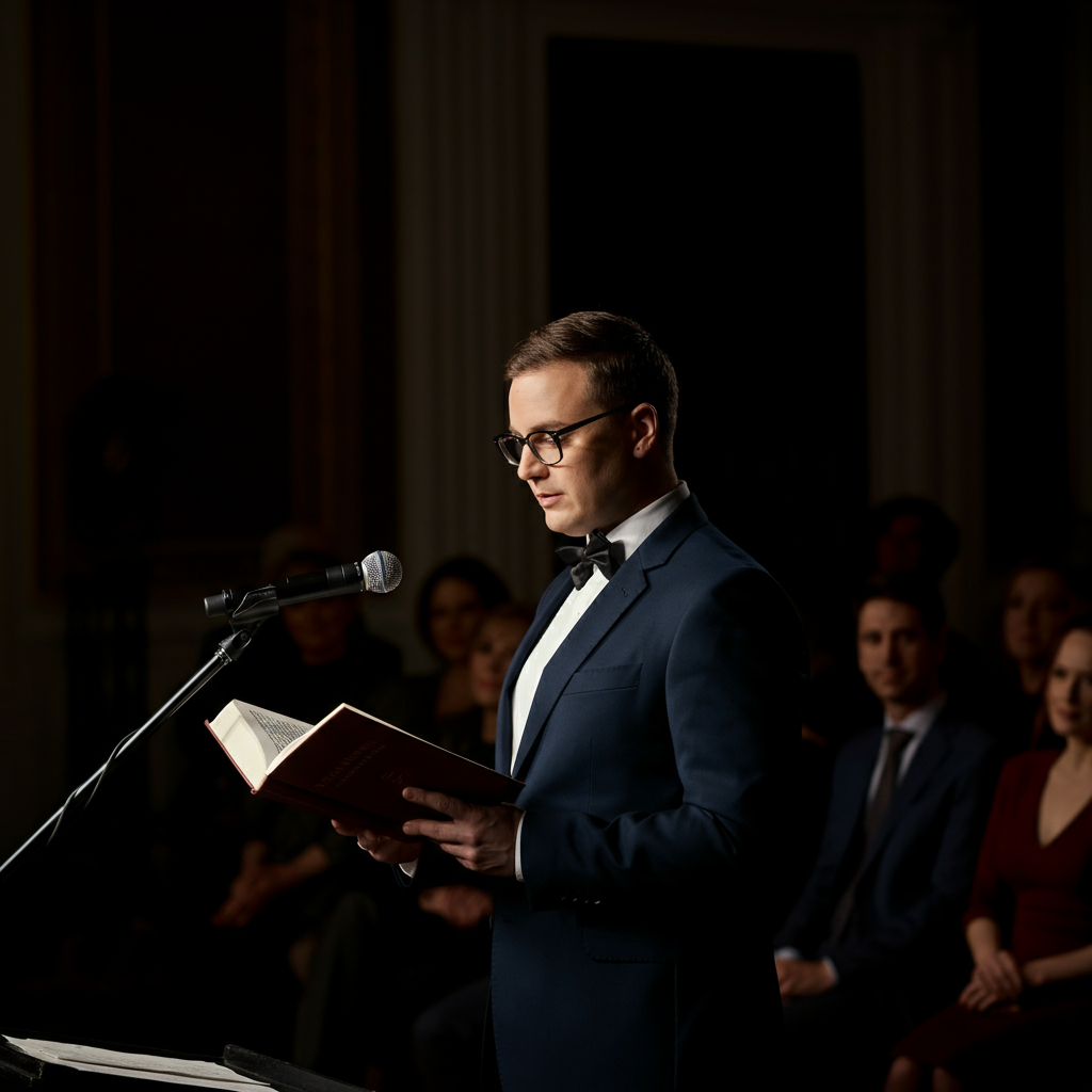 A person formally dressed, standing behind a podium holding a book, with a microphone. Soft background bokeh of seated guests. The lighting is stage-focused.