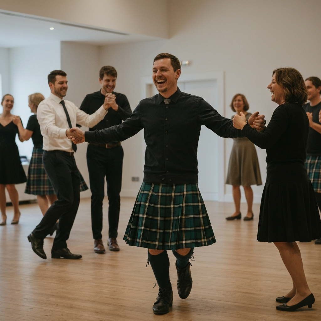 People doing a Ceilidh dance in a hall. They are laughing and smiling, and the atmosphere is lively. Soft, warm lighting.