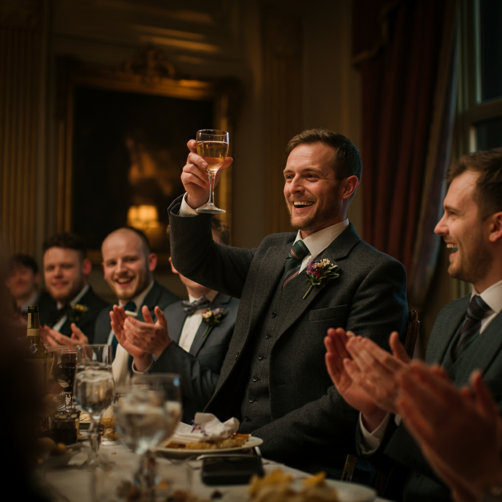 A man giving a toast at a Burns Supper, smiling and raising his glass. Guests are looking at him, laughing and applauding. Soft, warm lighting.