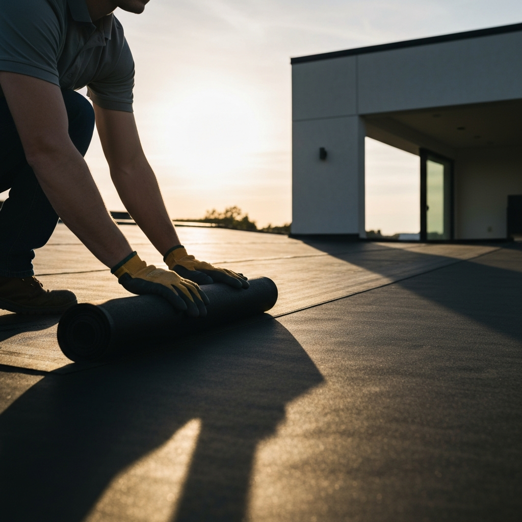 An installer in work gloves smoothly rolling out black roofing underlayment on a roof deck, side-lit by the setting sun, creating a soft shadow.