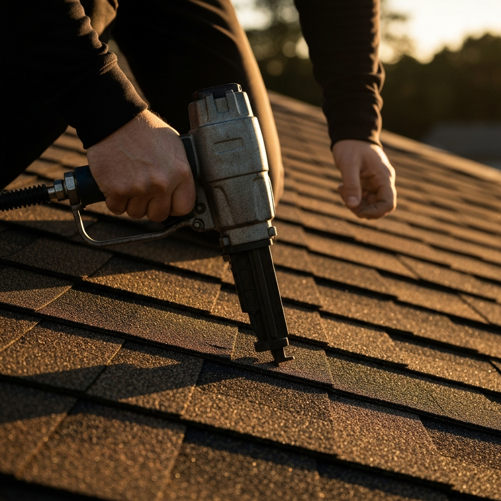 A roofer using a pneumatic nail gun to secure a shingle, with a focused depth of field on the nail head flush against the shingle surface, golden hour lighting casting long shadows.
