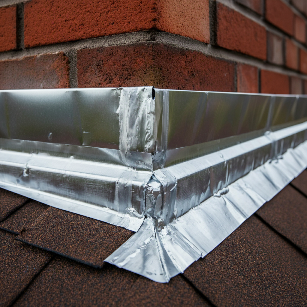 Detailed shot of aluminum flashing installed around a chimney base, sealed with caulk, emphasizing clean lines and smooth surfaces, bright daylight.