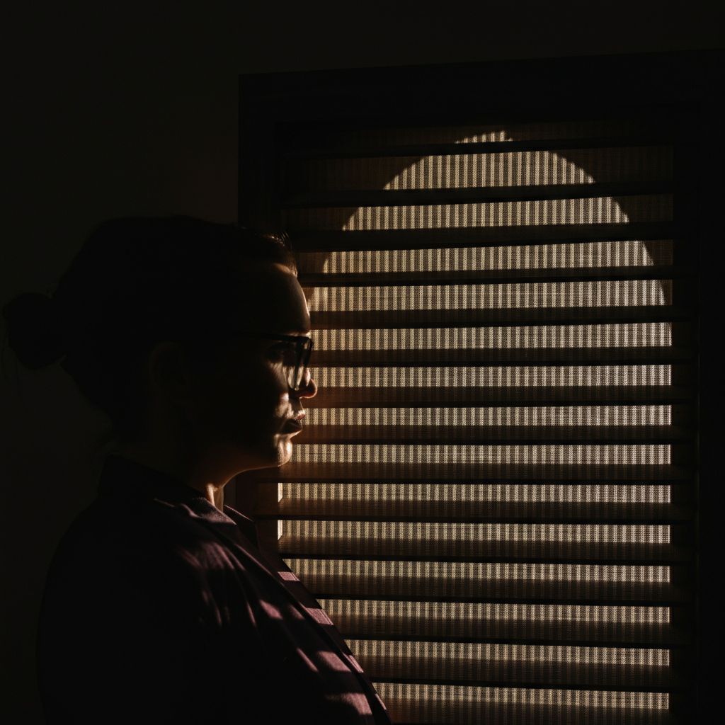 A gable vent with a fine mesh screen, side-lit with the sun, highlighting the geometric patterns and texture of the vent.
