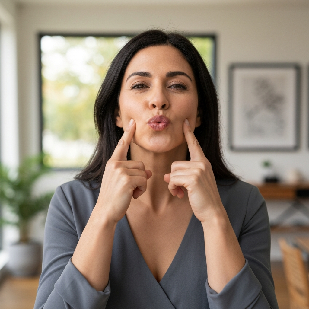 Medium shot of a woman gently pressing her index fingers into her cheeks while maintaining the puckered expression. The background is a softly blurred home environment.