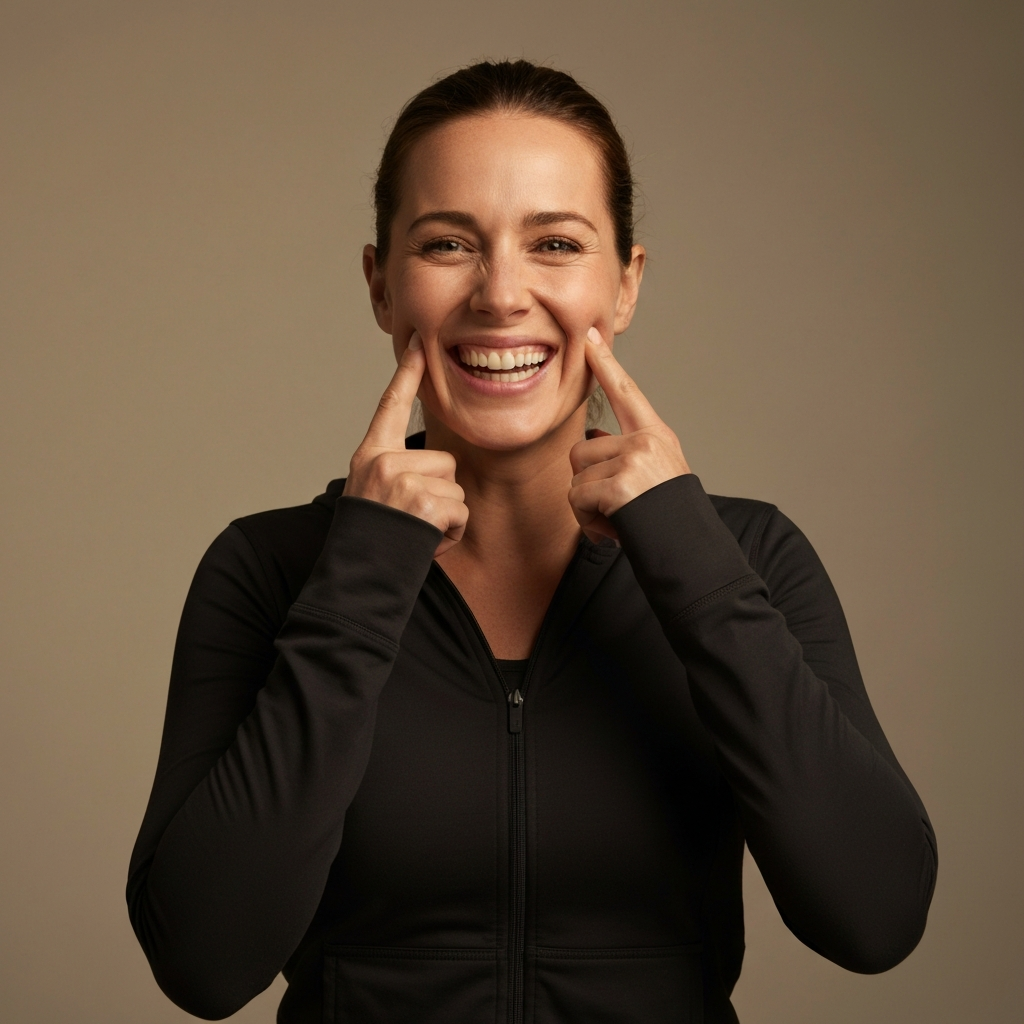 The same woman is now smiling broadly, with her fingers still pressing on her cheeks. The lighting is bright and even, showcasing her smile and the position of her fingers.
