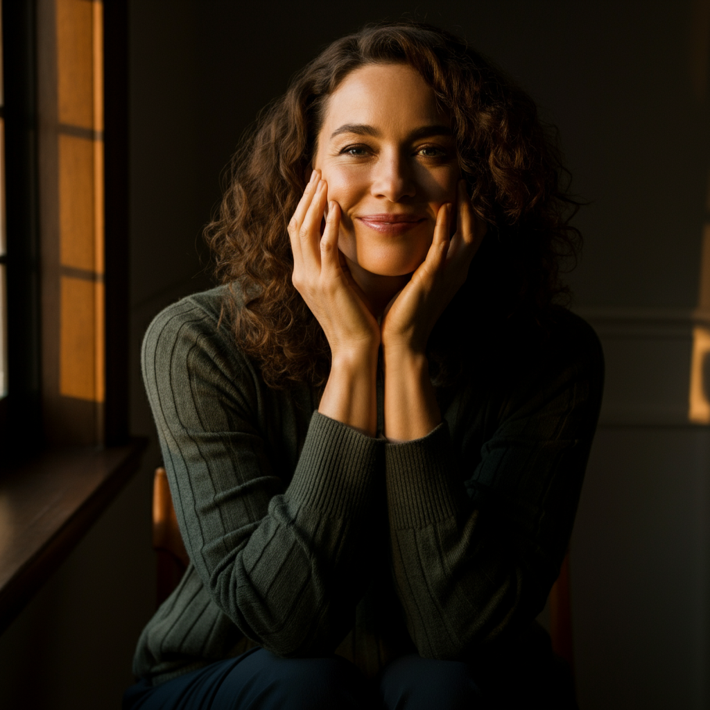 A woman sitting comfortably, with her fingers still pressed on her cheeks, smiling gently. The scene is lit with warm, natural light coming from a window, creating a relaxed and patient atmosphere.