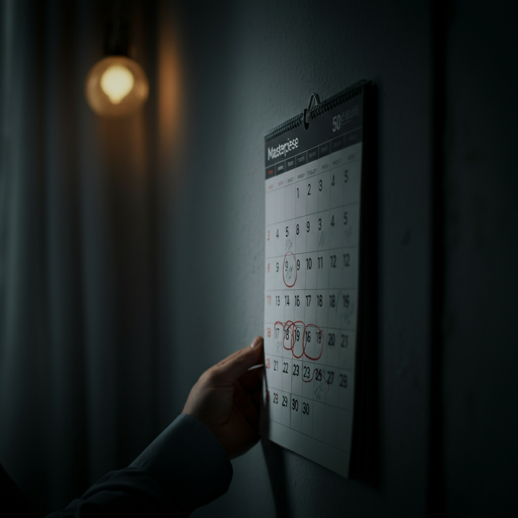 A calendar hanging on a wall, with several days marked off, indicating consistent practice. The calendar is slightly out of focus, with a soft bokeh effect in the background.