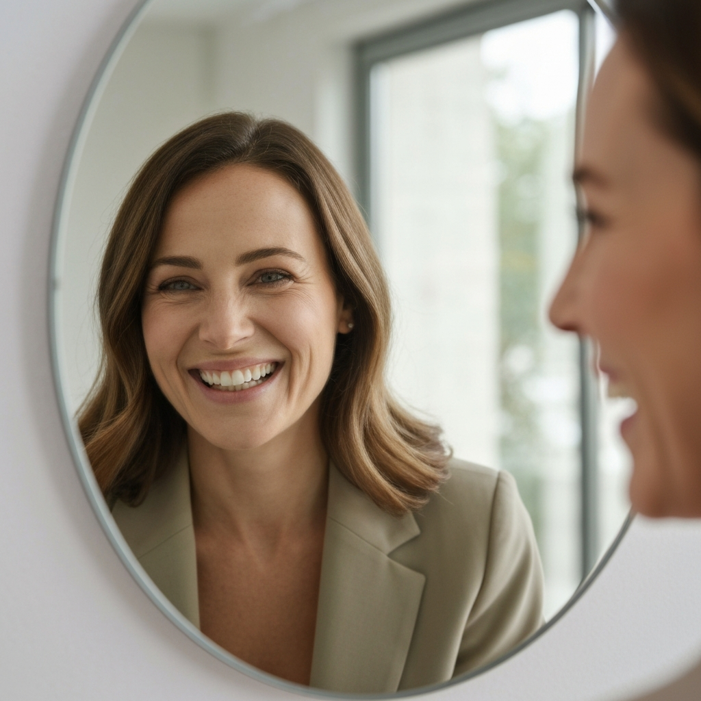 A woman smiling broadly at herself in a well-lit mirror. The reflection shows her teeth and the creases forming around her mouth. Soft, flattering lighting emphasizes her natural features.