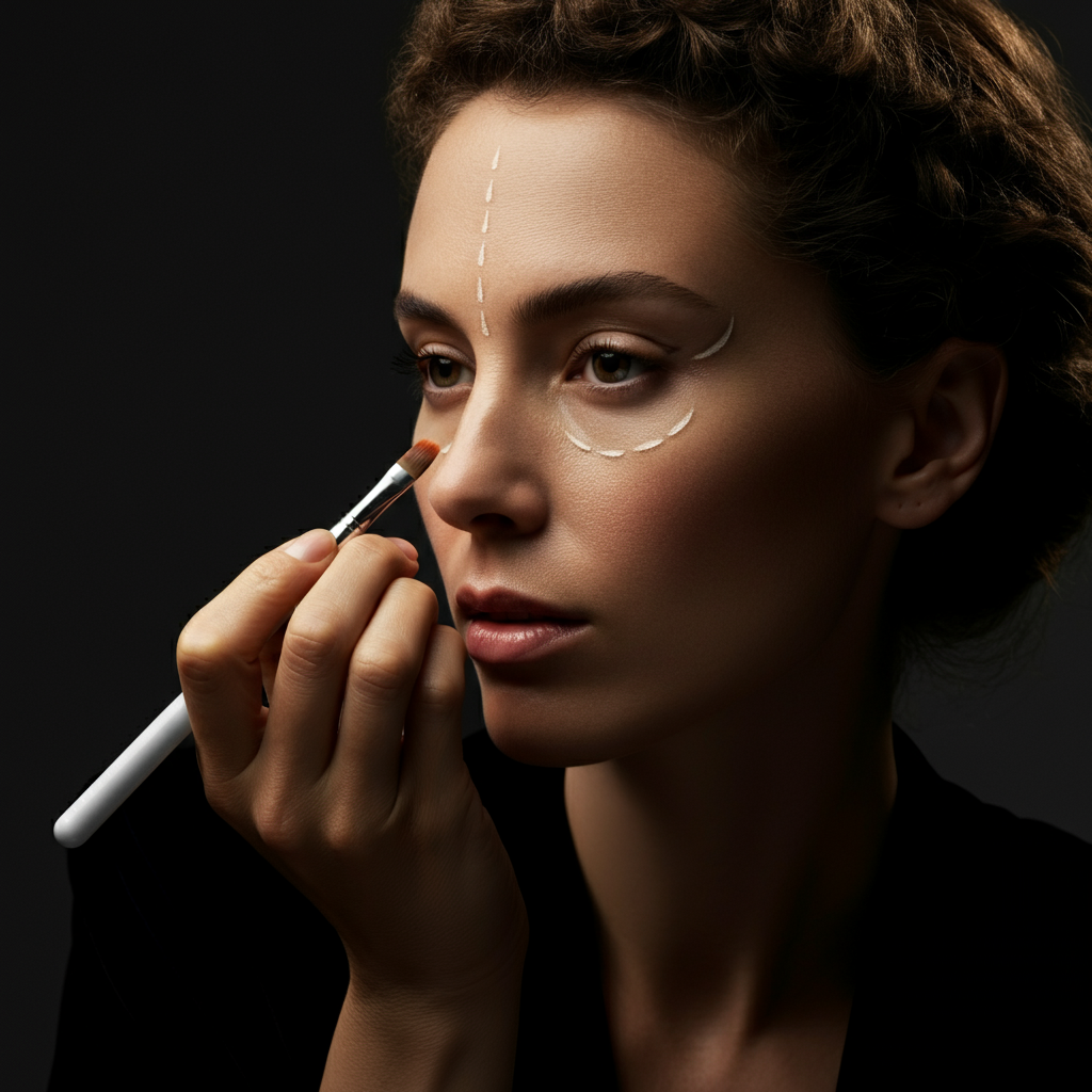Medium shot of the woman drawing a small, crescent-shaped line on her cheek, starting from the dot she previously marked. The lighting is soft and diffused, highlighting the delicate lines of her face.