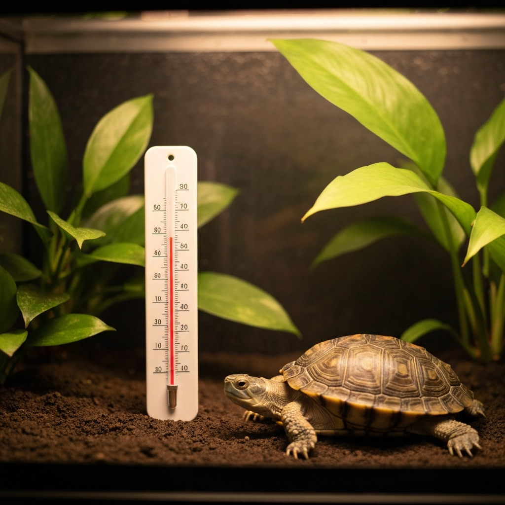 A close-up of a reptile thermometer inside a turtle enclosure, soft focus on the background showcasing lush green plants. Warm, natural lighting illuminates the scene.