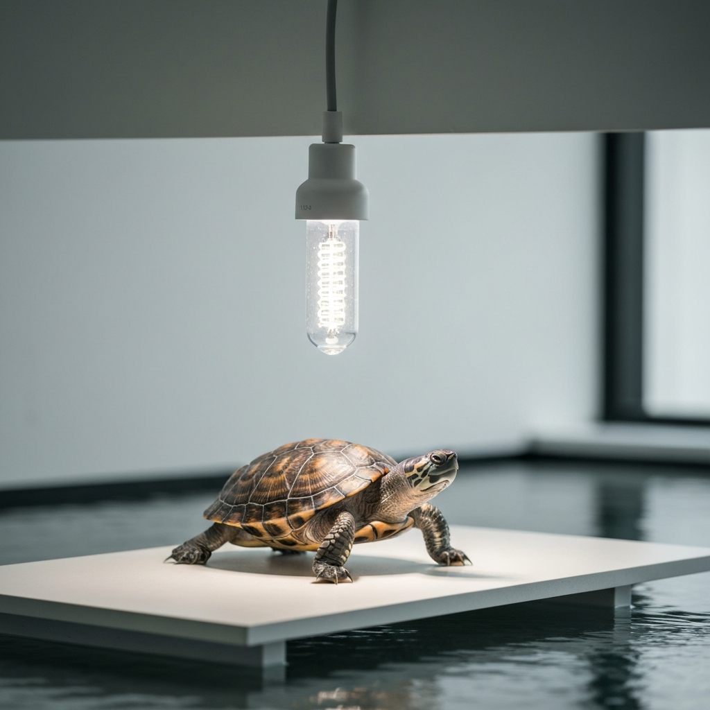 A UVB bulb mounted above a turtle basking platform. The turtle is partially visible, with its shell gleaming slightly under the artificial light. The background is blurred, showing a glimpse of the turtle's water environment.