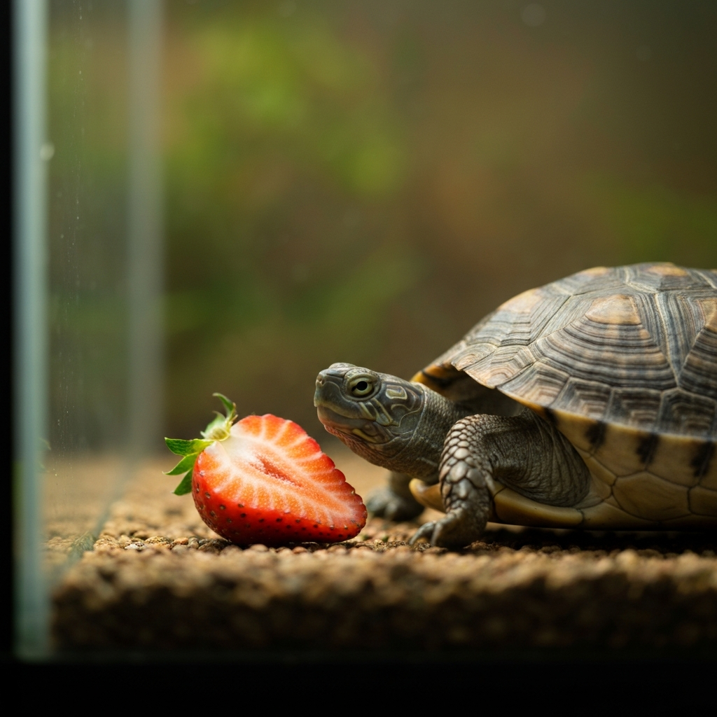 A small piece of brightly colored strawberry placed near a turtle in its enclosure. Soft focus on the turtle's shell, with a shallow depth of field emphasizing the strawberry's vibrant color.