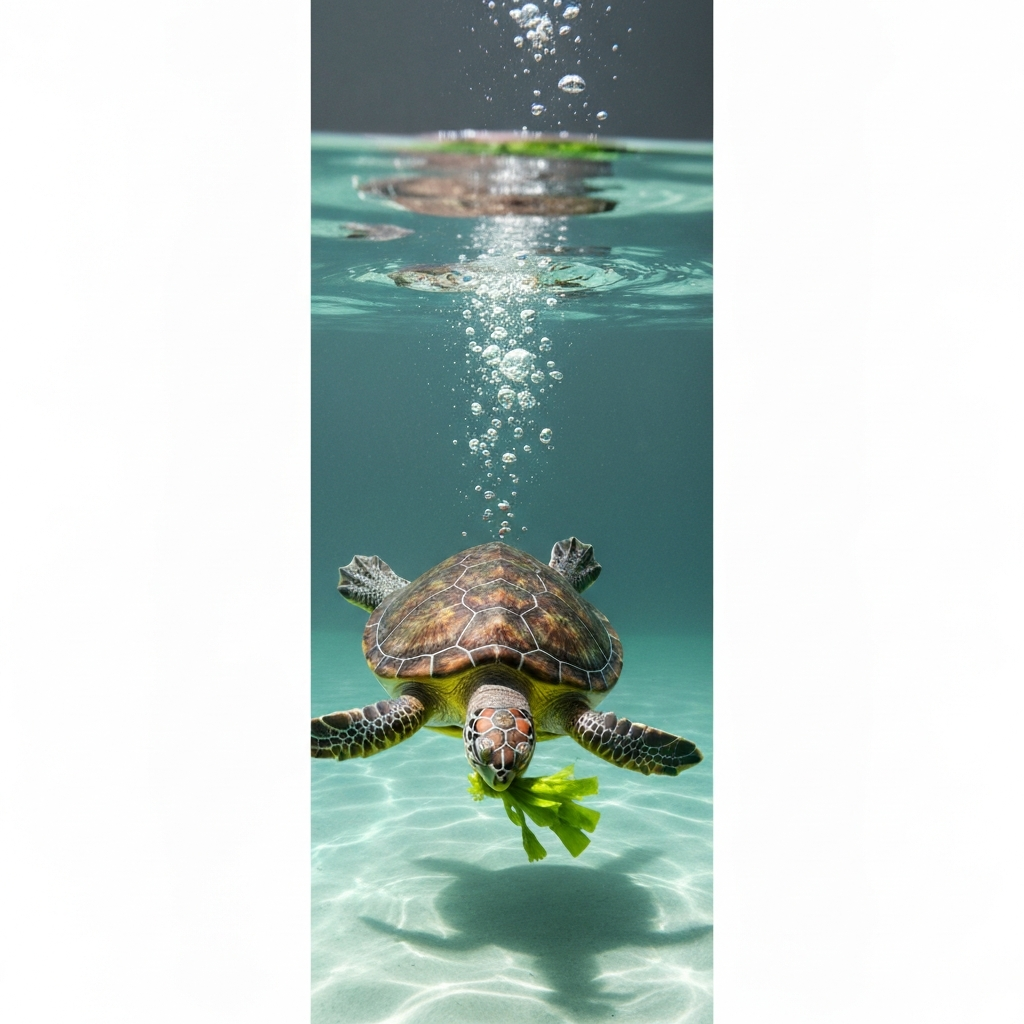 A turtle eating greens underwater, with bubbles rising to the surface. The water is clear, and the lighting is soft and diffused, creating a tranquil atmosphere.