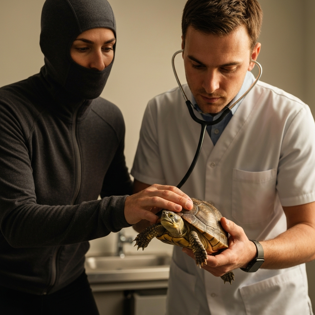 A veterinarian gently examining a turtle's shell with a stethoscope. The vet is wearing professional attire, and the lighting in the exam room is bright and sterile.