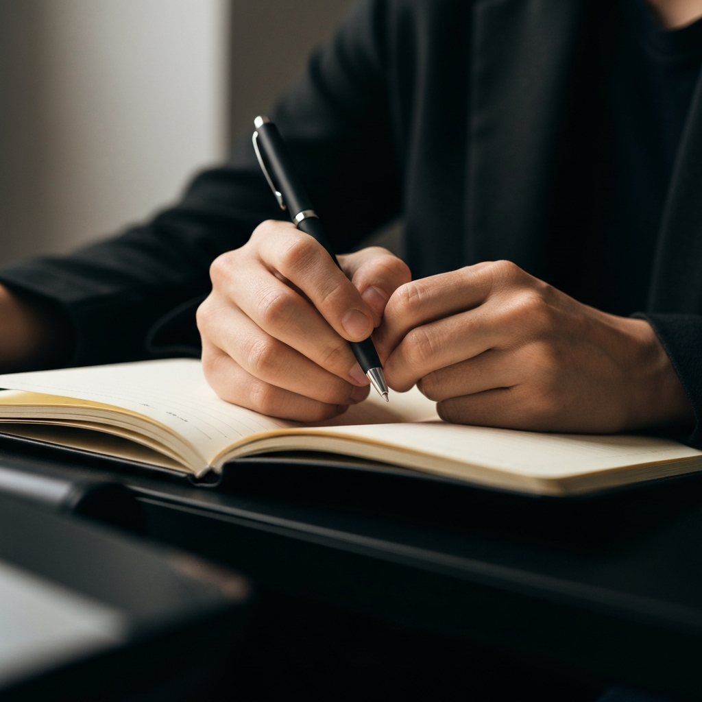 A close-up shot of a person's hands holding a journal and pen, focused on the textured paper and the gentle light illuminating their fingers.