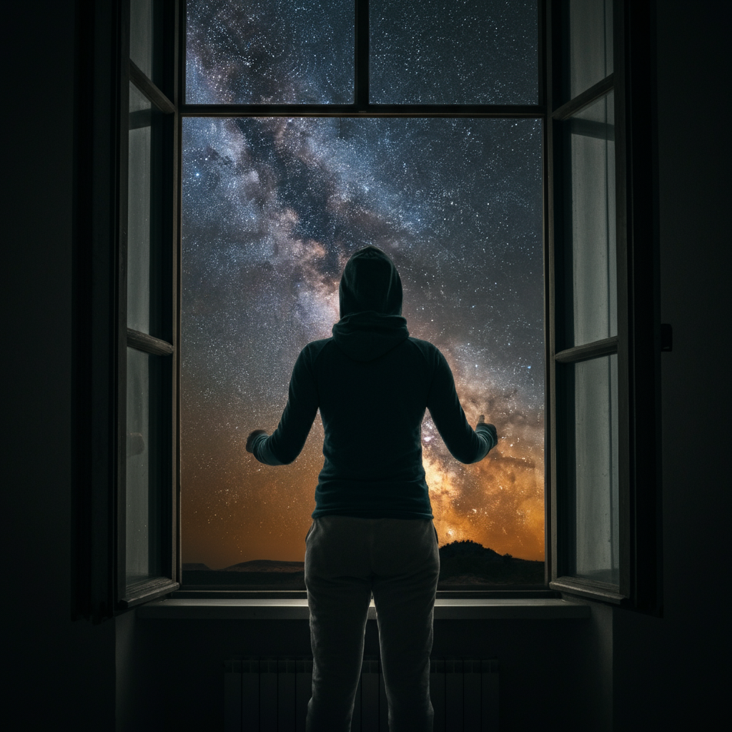 A wide shot of a person gazing out a window at a star-filled night sky, with a subtle soft bokeh effect on the distant stars, conveying a sense of wonder and possibility.