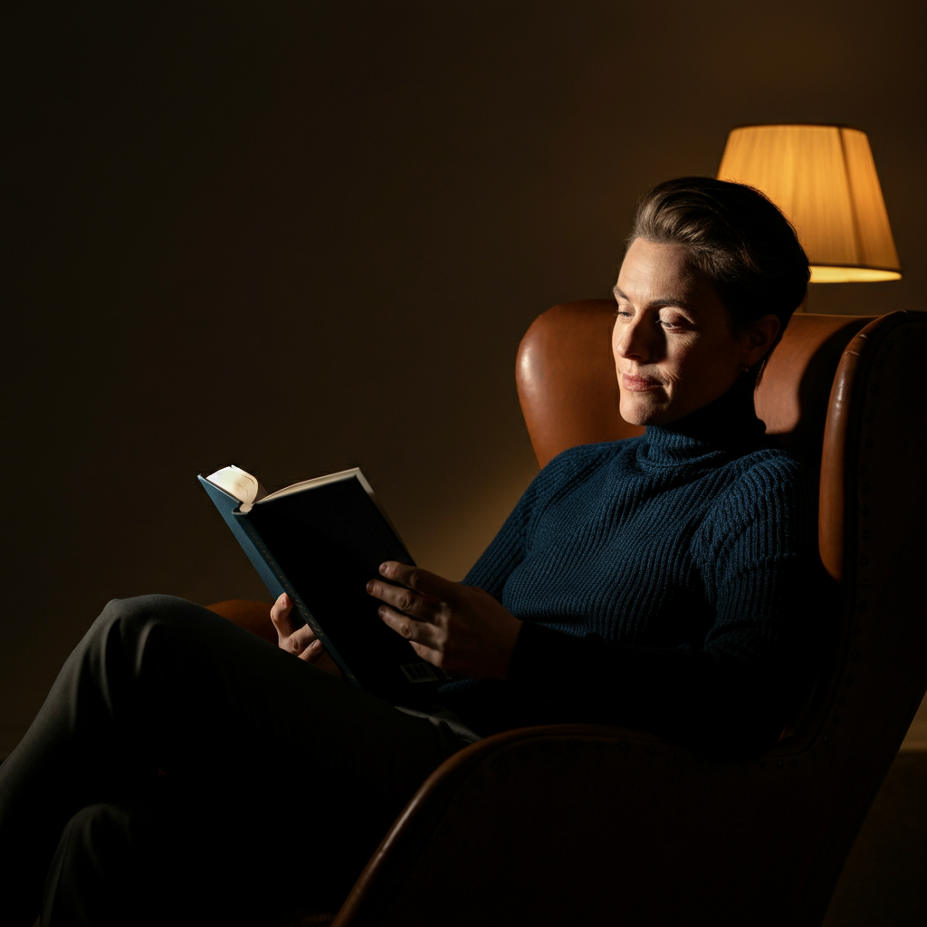 A person sitting in a comfortable armchair, reading a book with a contented expression, with warm lamp light casting a gentle glow on their face and the book.