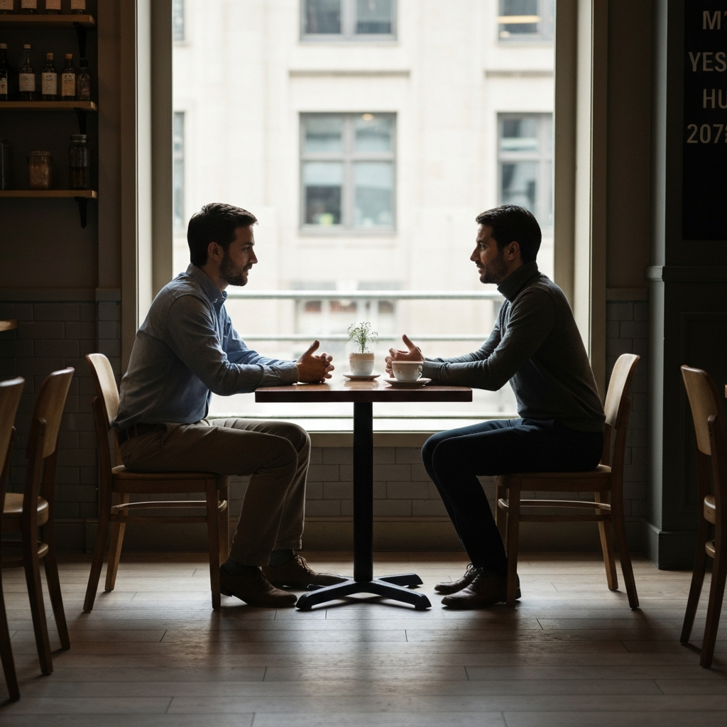 Two people sitting across from each other at a small table in a quiet coffee shop, engaged in conversation, with soft side-lighting highlighting the textures of their clothing and the café's interior.