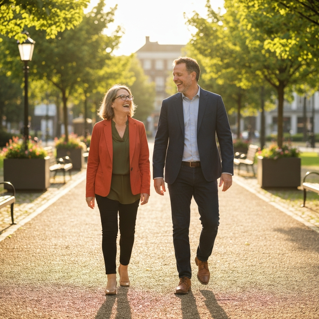 Two people walking side-by-side on a sunny path through a park, laughing and smiling, with golden hour lighting creating long shadows and a warm, inviting atmosphere.