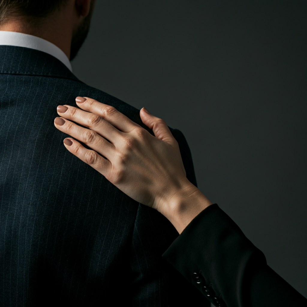 A person gently placing their hand on another person's shoulder in a supportive manner, with soft lighting highlighting the textures of their clothing and the warmth of the gesture.