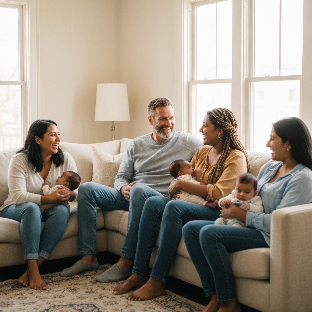 A brightly lit family room, softly focused, with diverse people sitting on a comfortable couch, some holding infants. The camera focuses on the interaction, highlighting laughter and smiles, under warm lighting conditions.