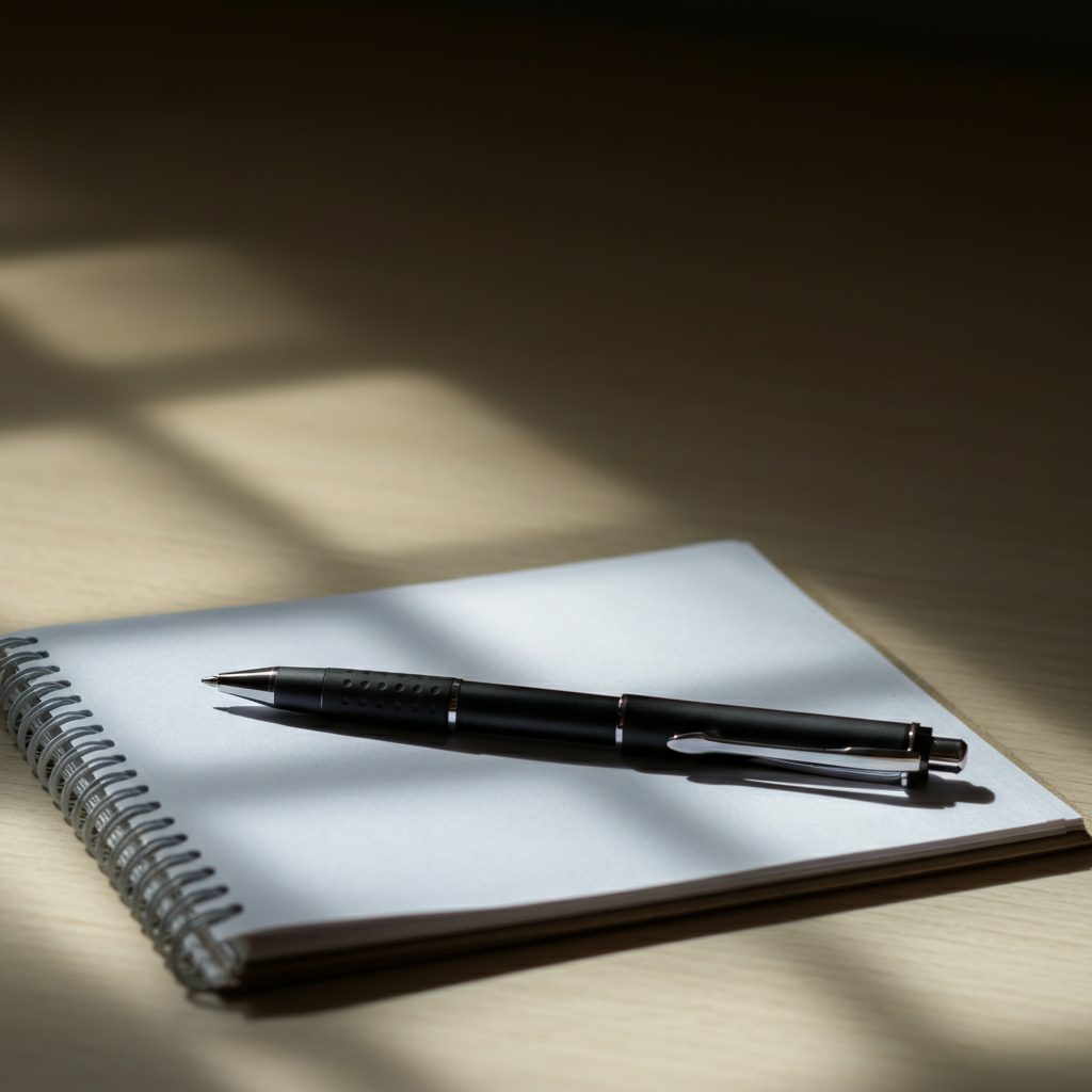 A brightly lit home office with a notepad and pen on a clean, wooden desk. Soft natural light streams in from a nearby window, illuminating the blank page of the notebook, suggesting creativity and thought.