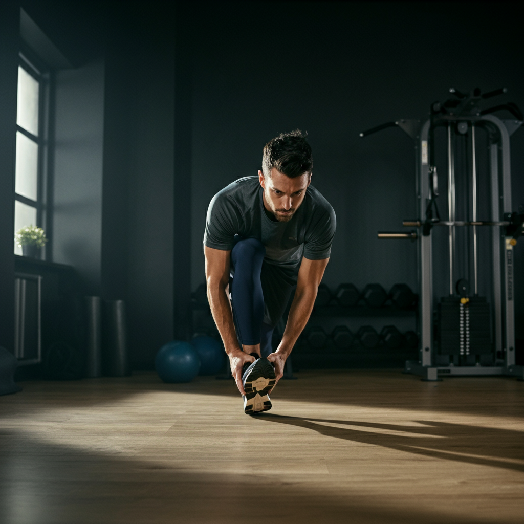 Athlete in a gym environment performing the toe touch exercise. The floor is a hardwood surface with visible grain. The lighting is bright and even, highlighting the athlete's form and the stability of the standing leg.