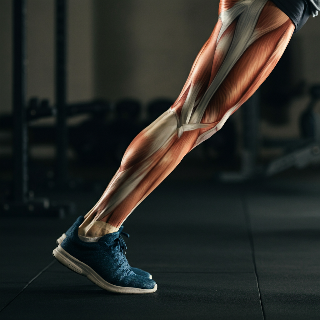 A pair of legs performing a calf raise, emphasis on the tension in the gastrocnemius and soleus muscles. Soft, diffused light from above creates a sense of muscle definition. Focus is tight and well composed.
