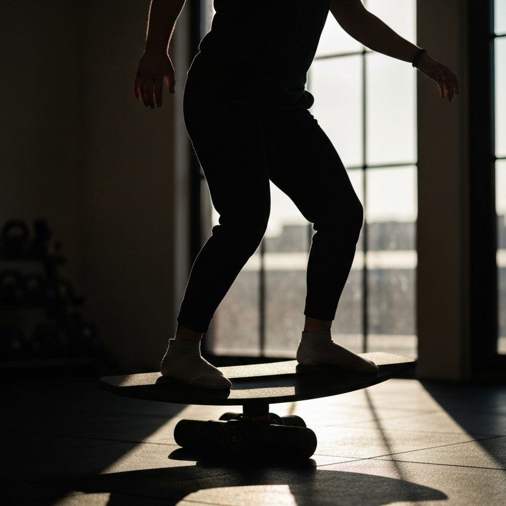 A person standing on a balance board with a slightly blurred background suggesting a gym. The lighting is natural, coming from a nearby window, creating long shadows that emphasize the difficulty of the exercise.