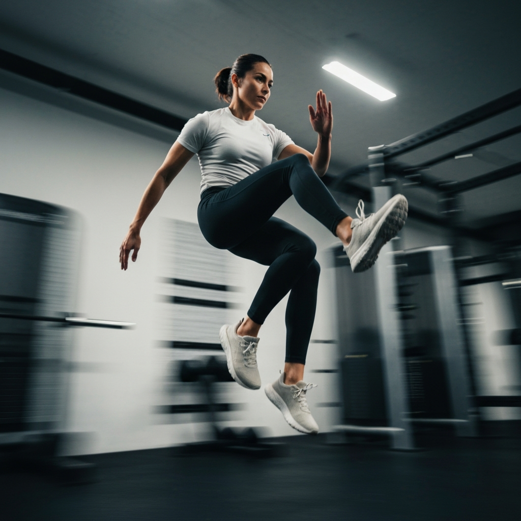 Athlete mid-air during an ankle hop exercise, photographed from a low angle. The background is a blur of gym equipment. Motion blur is present, indicating speed. Good dynamic range with balanced exposure.