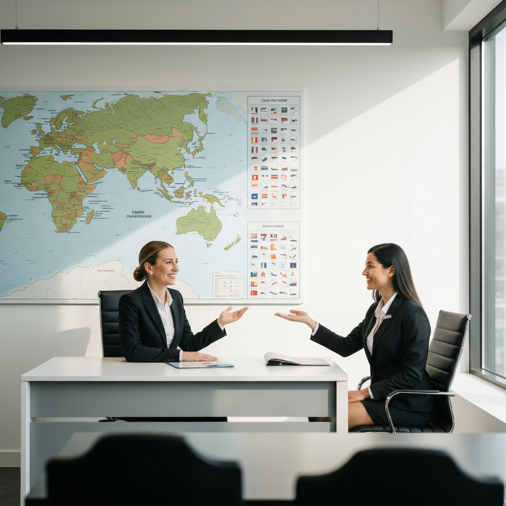 A brightly lit travel agency office. A well-dressed travel agent sits at her desk, smiling warmly as she gestures towards a large wall map displaying various cruise routes and destinations. The map is detailed with flags indicating different points of interest. Natural light floods the office.