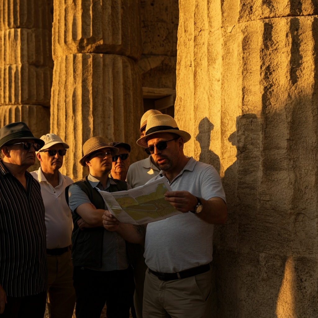 A group of tourists, all wearing hats and sunglasses, listening attentively to a guide holding up a map in front of ancient ruins. Golden hour lighting casts long shadows, emphasizing the texture of the stone. The scene is composed to show a mix of ages and backgrounds.
