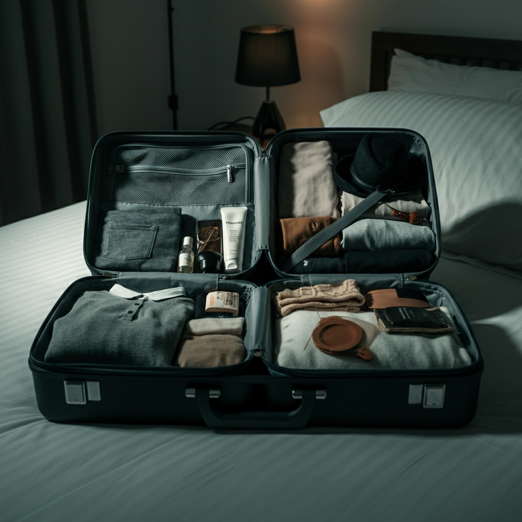 An open suitcase on a bed, neatly packed with folded clothes, toiletries, and travel accessories. The suitcase is well-organized, with items grouped logically. Soft, diffused light illuminates the scene.