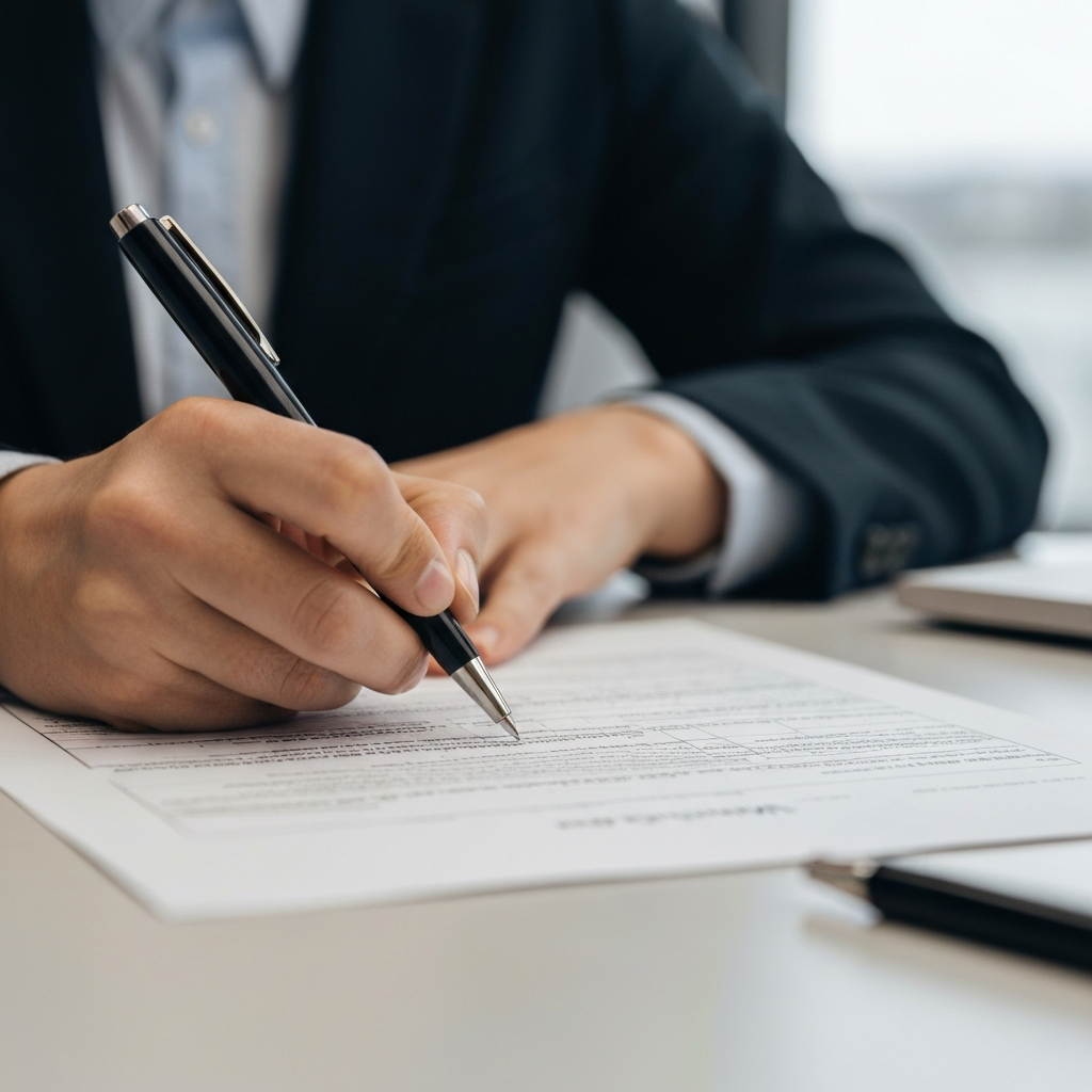 Close-up shot of a hand writing on a form at a desk. Soft overhead lighting illuminates the paper. Focus on the pen tip and the texture of the paper. The background is a slightly blurred office setting.