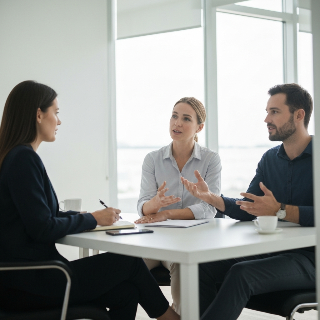 A social worker sits across from a client in a well-lit office. The client is speaking, and the social worker is actively listening with a notepad in hand. The scene is composed with a shallow depth of field, blurring the background slightly to focus on their interaction.