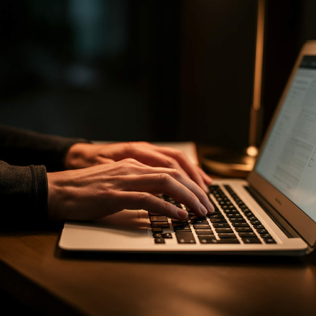 A side-lit shot of a social worker's hands typing notes on a laptop. The warm light from a lamp illuminates the keyboard and the social worker's fingers. The texture of the keyboard keys and the subtle reflections on the laptop screen are emphasized.