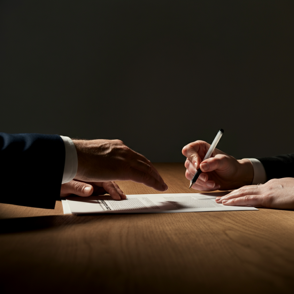 Two people sitting at a table, collaborating on a document. The focus is on their hands and the document, emphasizing the collaboration. Soft, diffused light fills the room, creating a warm and inviting atmosphere.