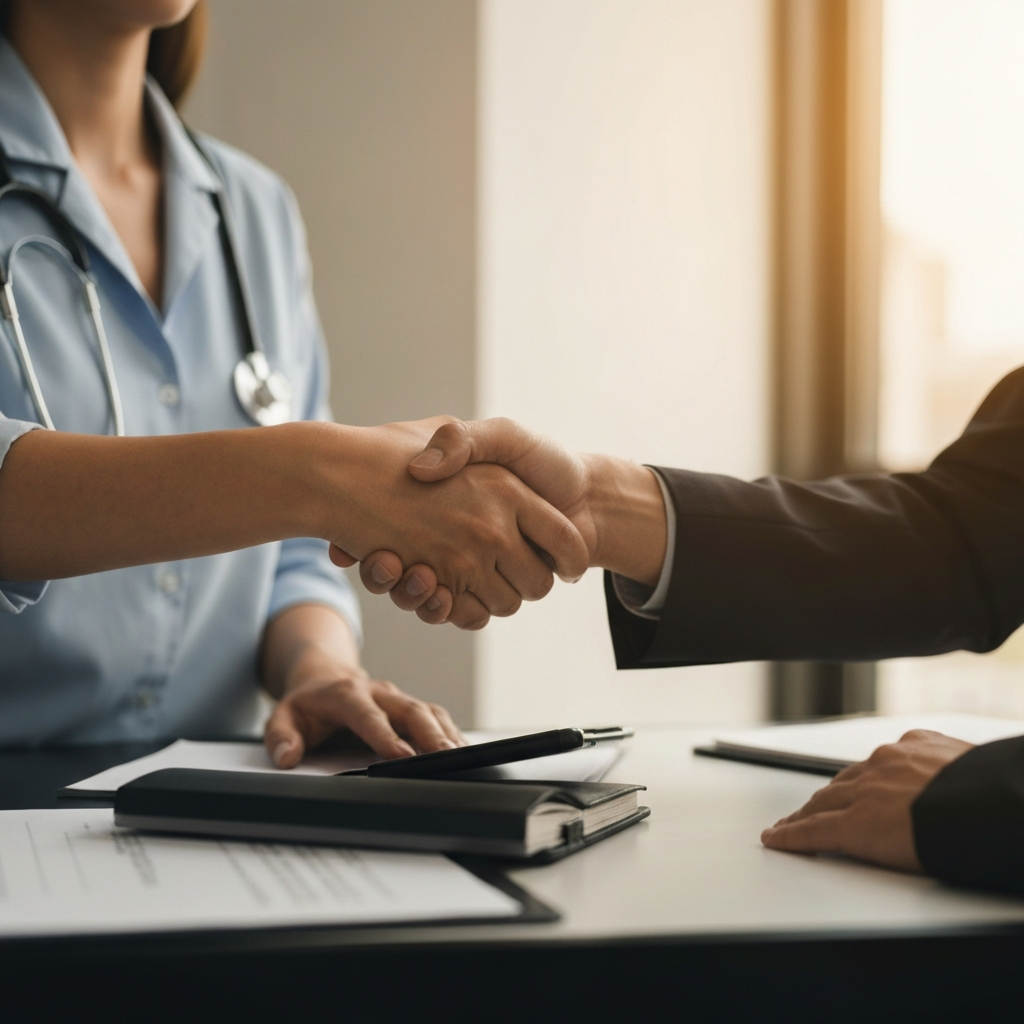 A social worker and a client shaking hands after a productive session. The scene is lit with warm, golden hour lighting, creating a sense of accomplishment and connection. Focus on the textures of their hands and the expressions on their faces.