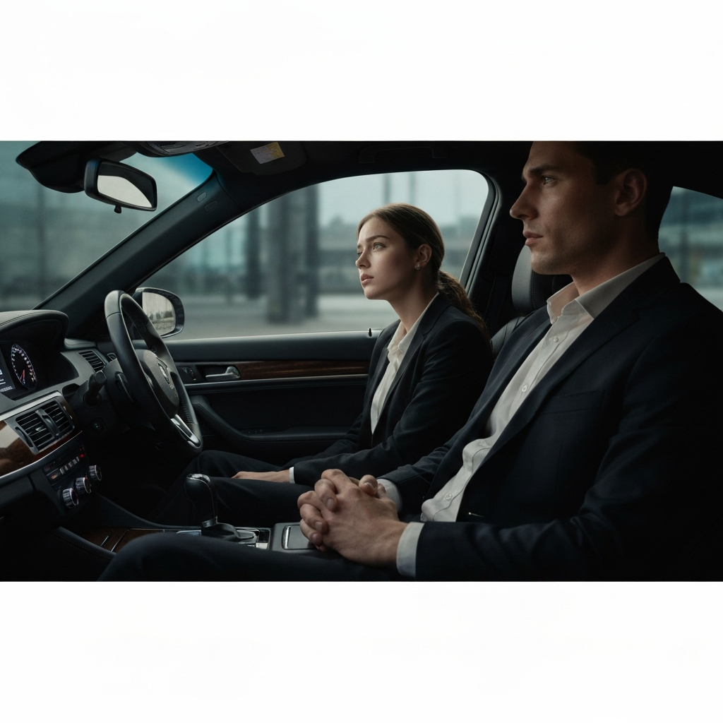 Interior of a luxury car, side-lit with the soft glow of city lights illuminating the dashboard and the tired expressions of a young woman and a man in a dark suit. The woman is looking out the window with a distant gaze. The man's hands rest clasped in his lap.