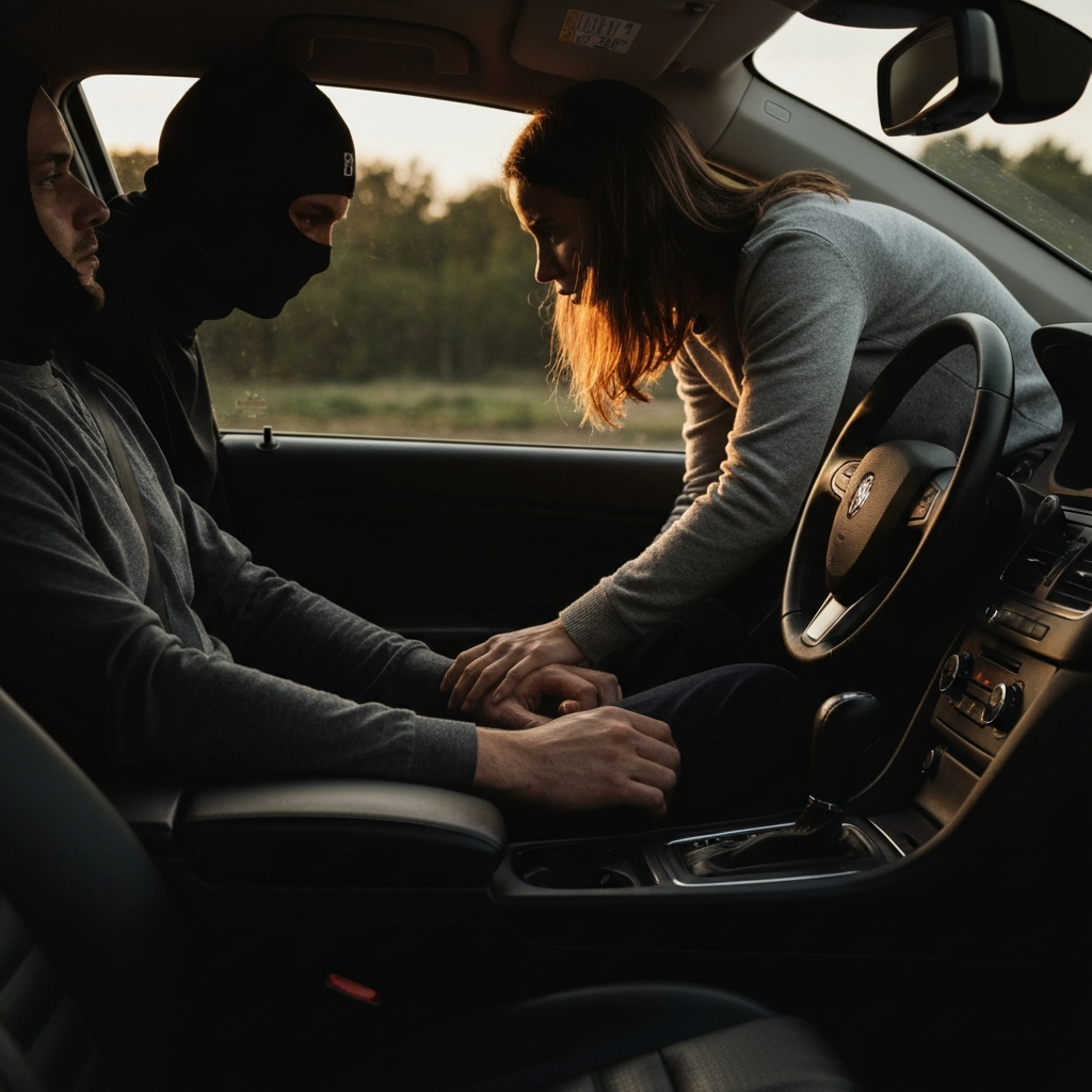 Interior of a car, low lighting, a woman is leaning closer to a man who is sitting in the driver's seat. Focus on their intertwined hands on the center console. The scene is intimate but not overly sexualized, with both figures fully clothed and conveying a sense of tension and uncertainty.