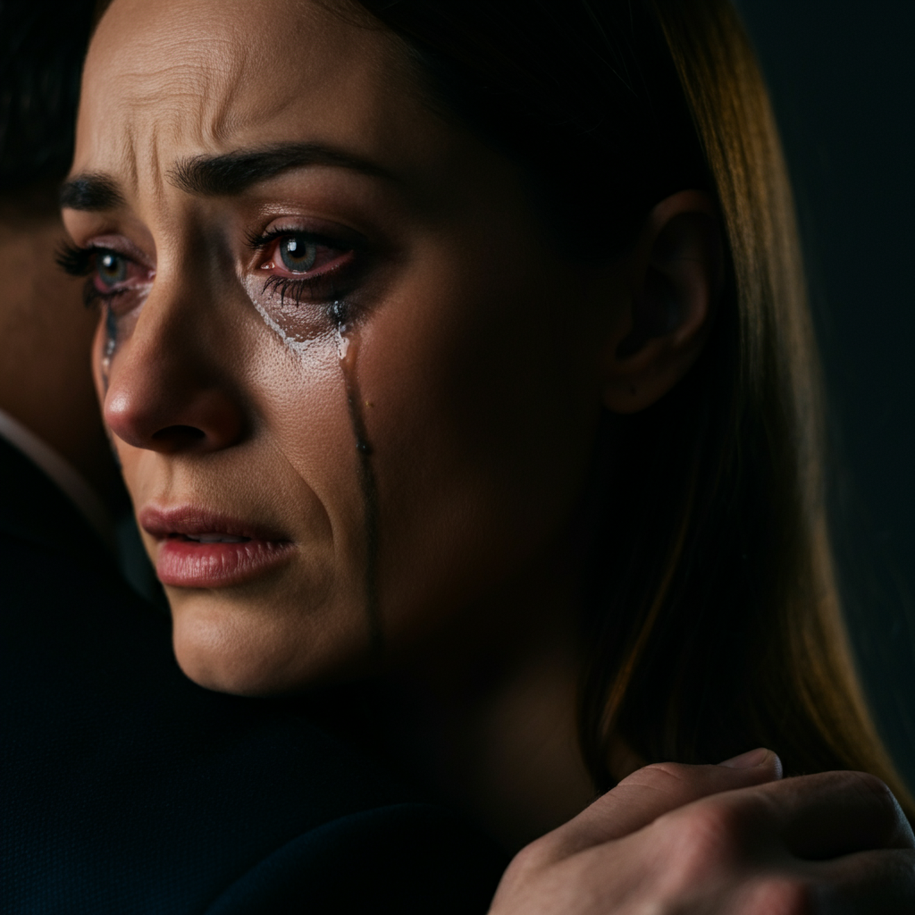 Close-up of a woman's face, side-lit to emphasize the texture of her skin and the tear streaks running down her cheek. Her expression is a mixture of pain, confusion, and vulnerability. A man's arm is gently around her shoulder in a comforting gesture. Natural, soft lighting.