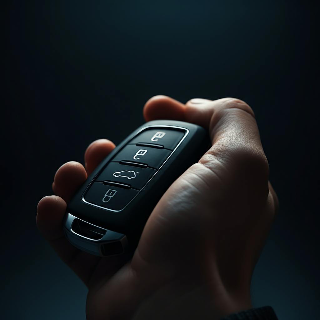 Close-up of a hand holding a modern car key fob, illuminated by soft, diffused light. The focus is sharp on the unlock button, highlighting its texture and position on the fob.