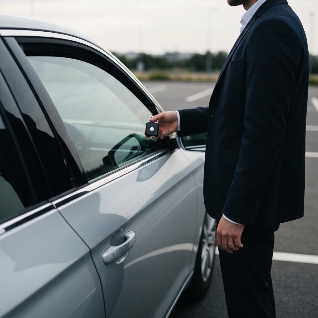 A person standing next to a silver sedan in a parking lot, pressing and holding the unlock button on their key fob. The car windows are visibly rolling down. The scene is shot with a shallow depth of field, blurring the background.