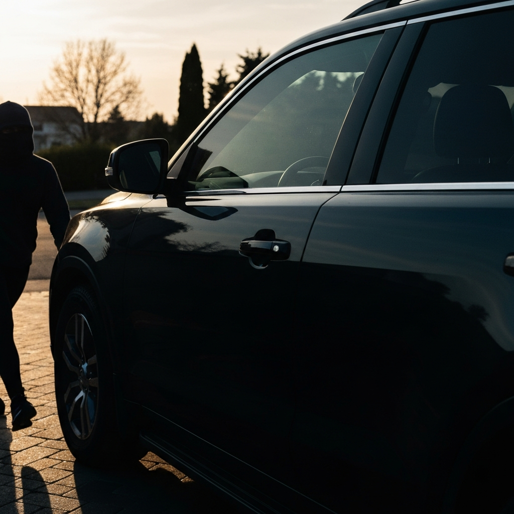 The side profile of a dark-colored SUV parked in a driveway, with all windows partially rolled down. The sunlight casts long shadows, emphasizing the lines of the vehicle and creating a dramatic effect.
