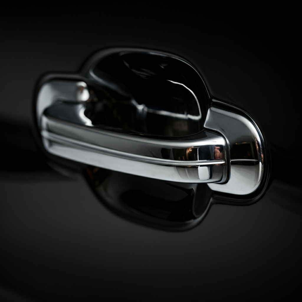 A close-up of a car door handle and lock, with a silver key partially inserted. The metal surfaces are clean and reflective. The shot is framed to highlight the intricate details of the lock mechanism.