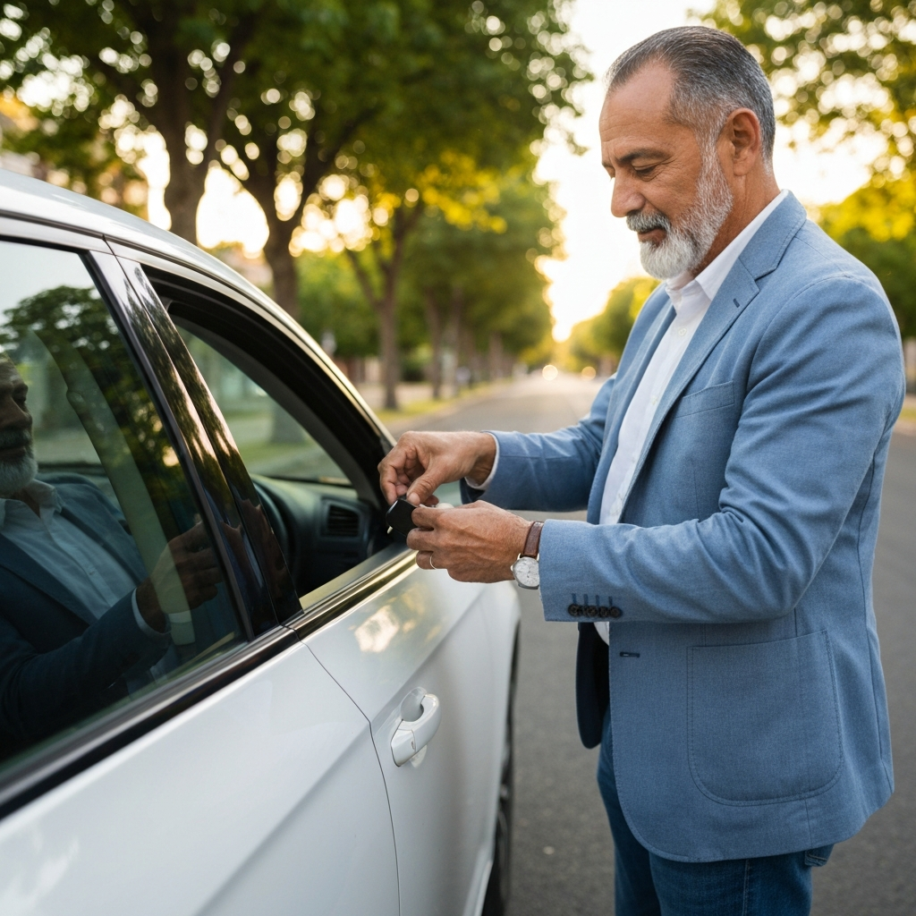A person removing a car key from the door lock after rolling down the windows. The car is parked on a quiet street with trees in the background. The natural light is soft and warm.