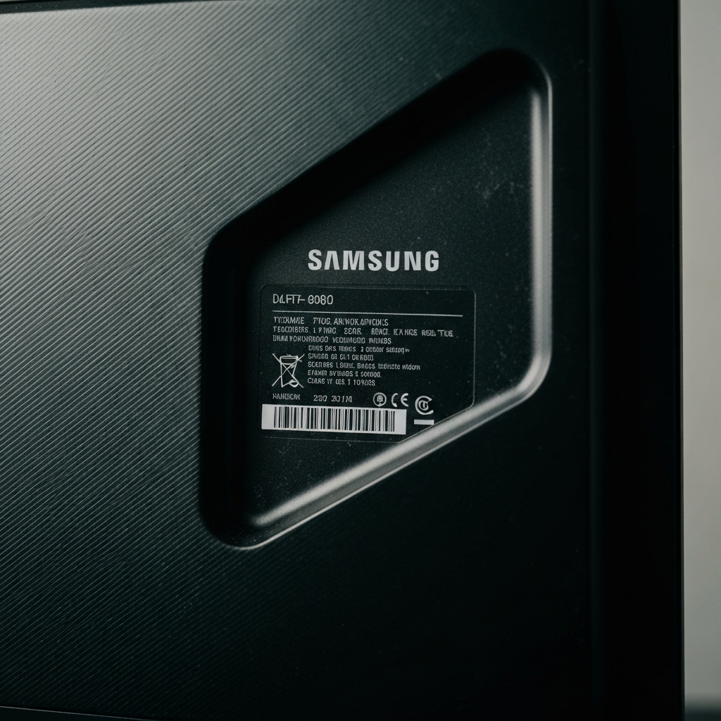 Close-up shot of the back of a Samsung TV, slightly dusty, with the model number label clearly visible. Soft side lighting creates subtle shadows, highlighting the texture of the plastic casing.